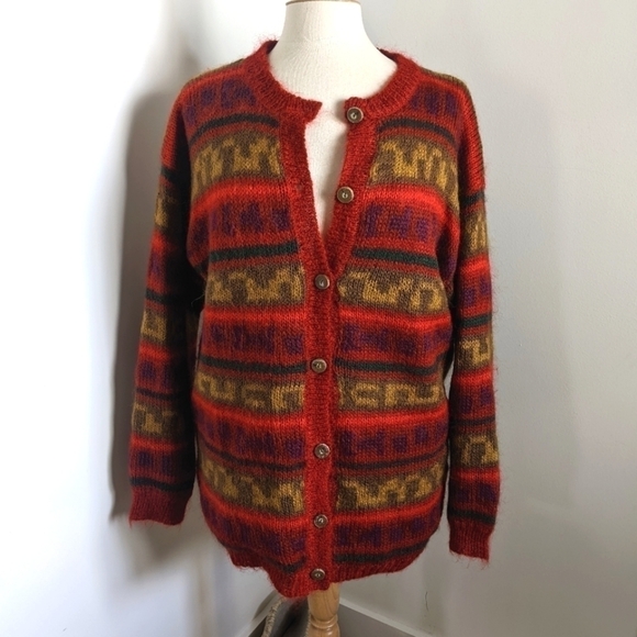 VINTAGE Eddie Bauer Mohair Blend Fair Isle Cardigan L eclectic Grandpa core - Picture 2 of 12
